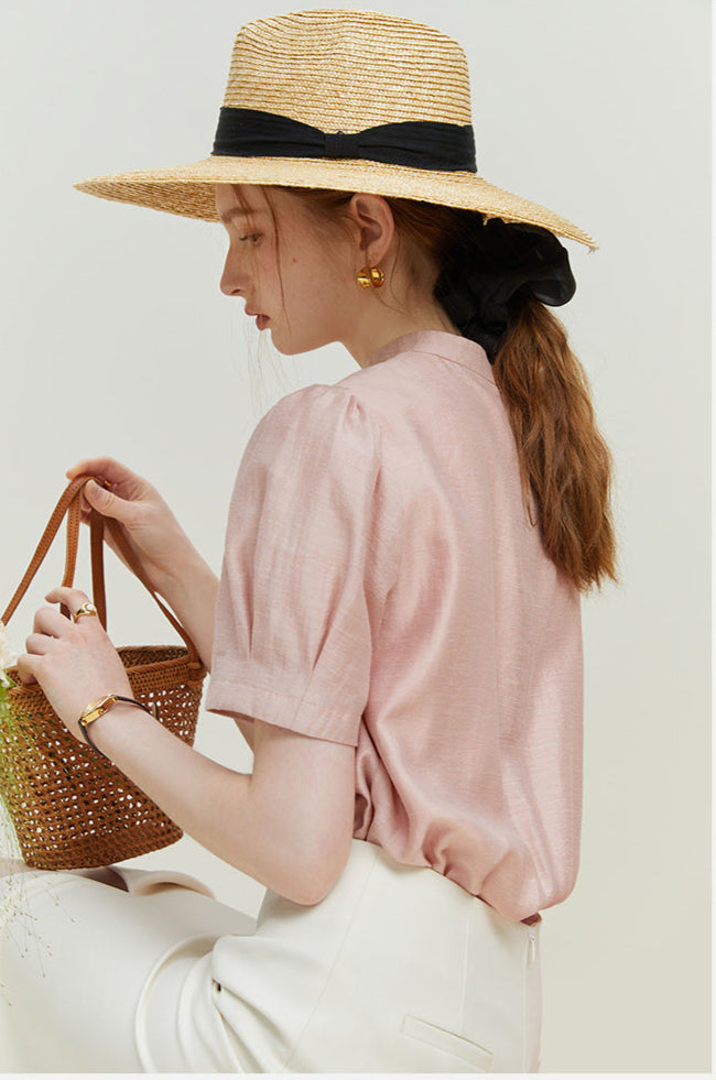 Elegant Ripple Collar Sheer Short Sleeve Blouse