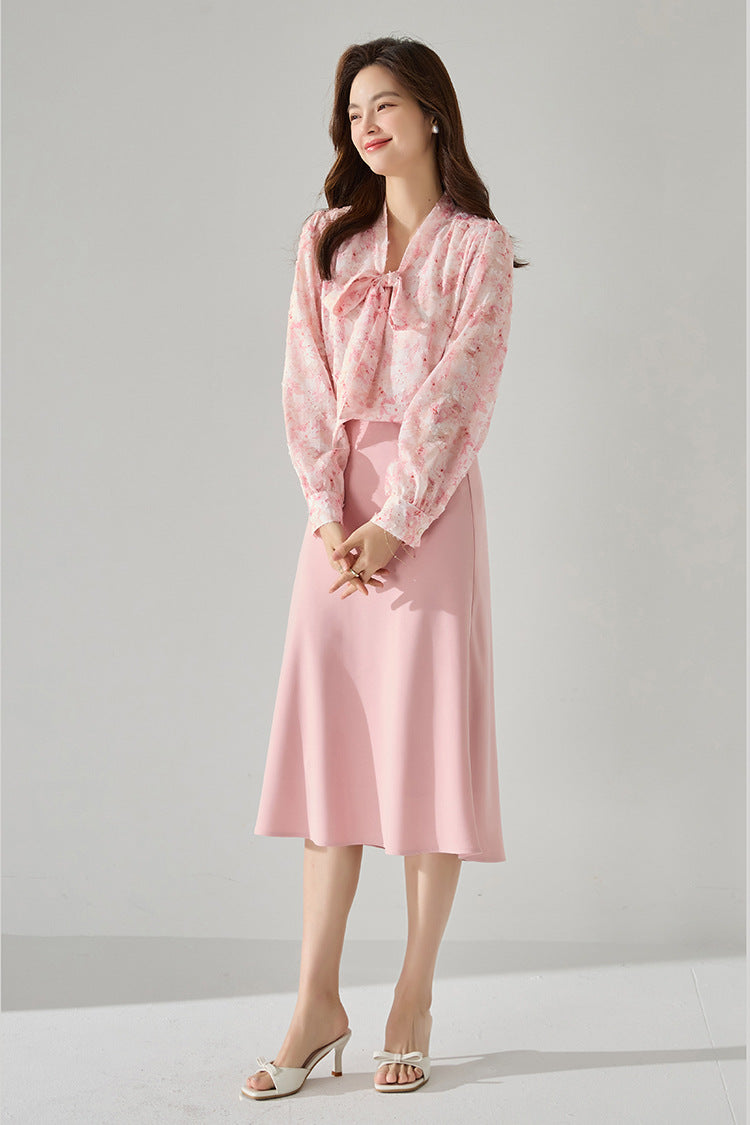 Pink Floral Chiffon Blouse with Bow