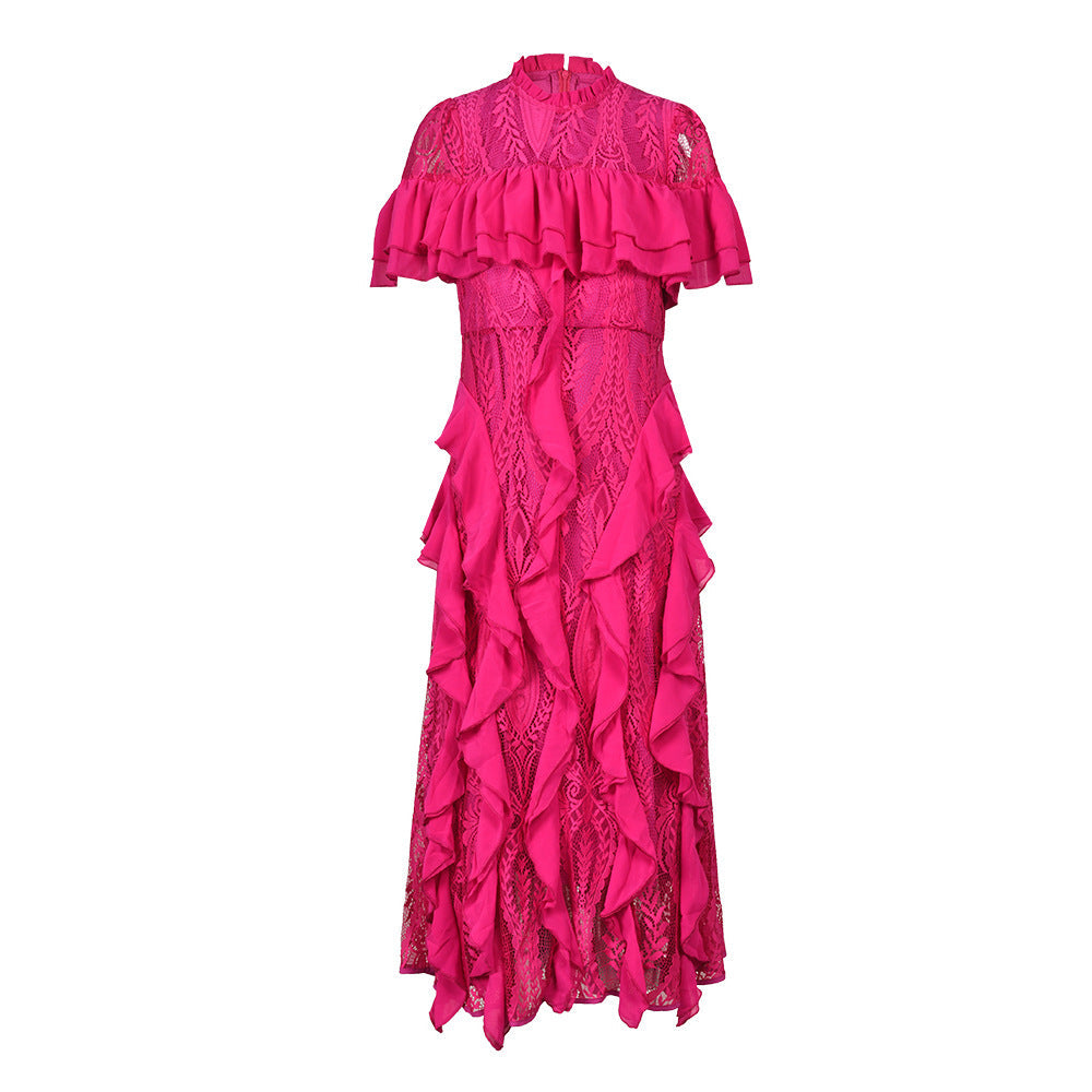 Frilled Short Sleeve Lace-Trim Lotus Dress