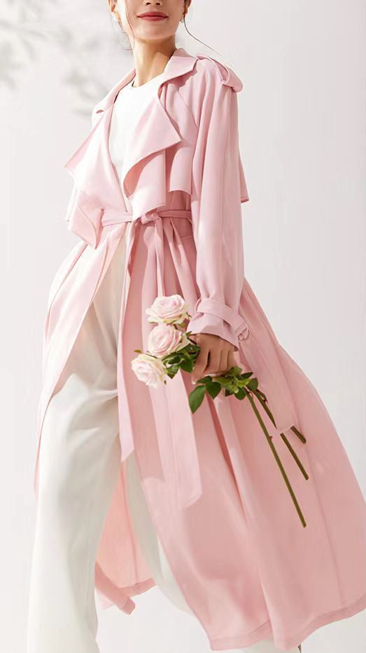 Pastel Blush Flowing Belted Trench Coat