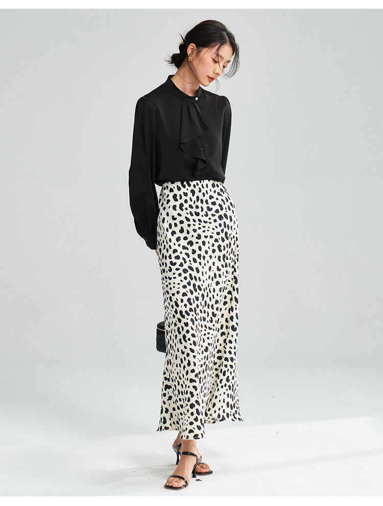 Satin Leopard Flare Skirt – Black & White Shine