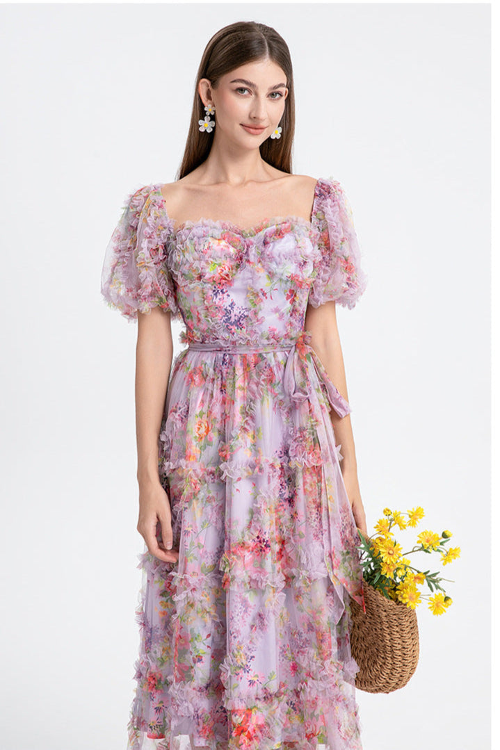 Square Neck Ruffle Sleeve Tulle Fairy Dress