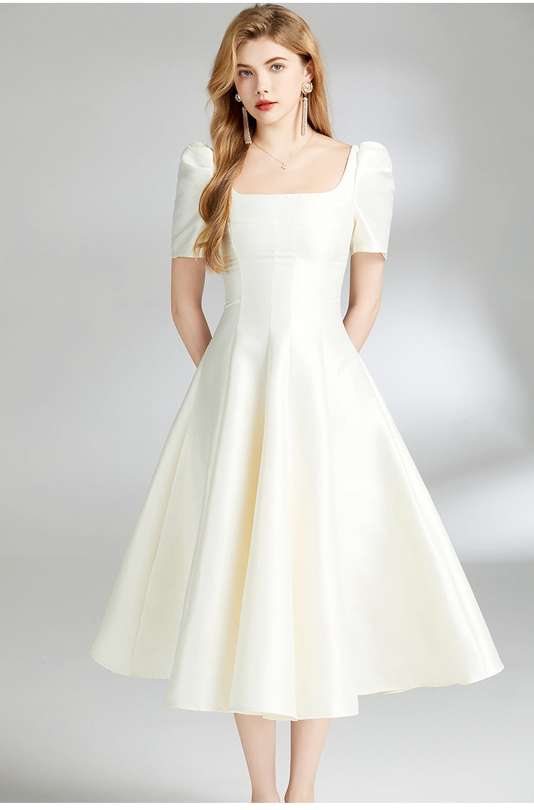 Elegant Hepburn Square-Neck Midi Dress
