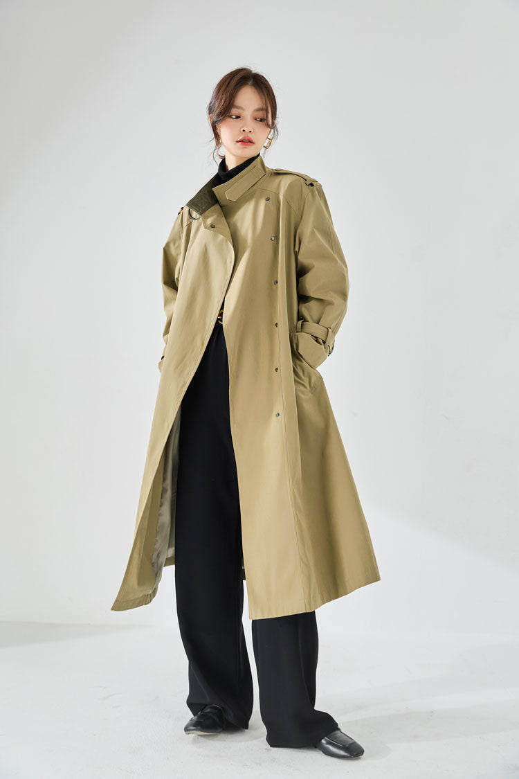 Velvet-Textured Stand Collar Mid-Length Trench Coat