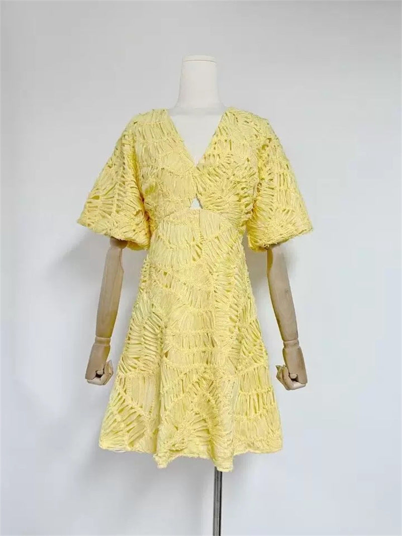 Textured Short Puff Sleeve A-Line Dress