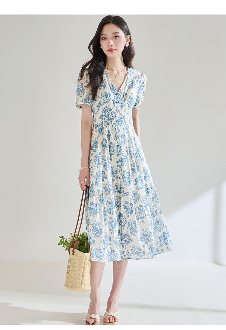 French Blue Floral Cotton Dress – Tie Waist, V-Neck
