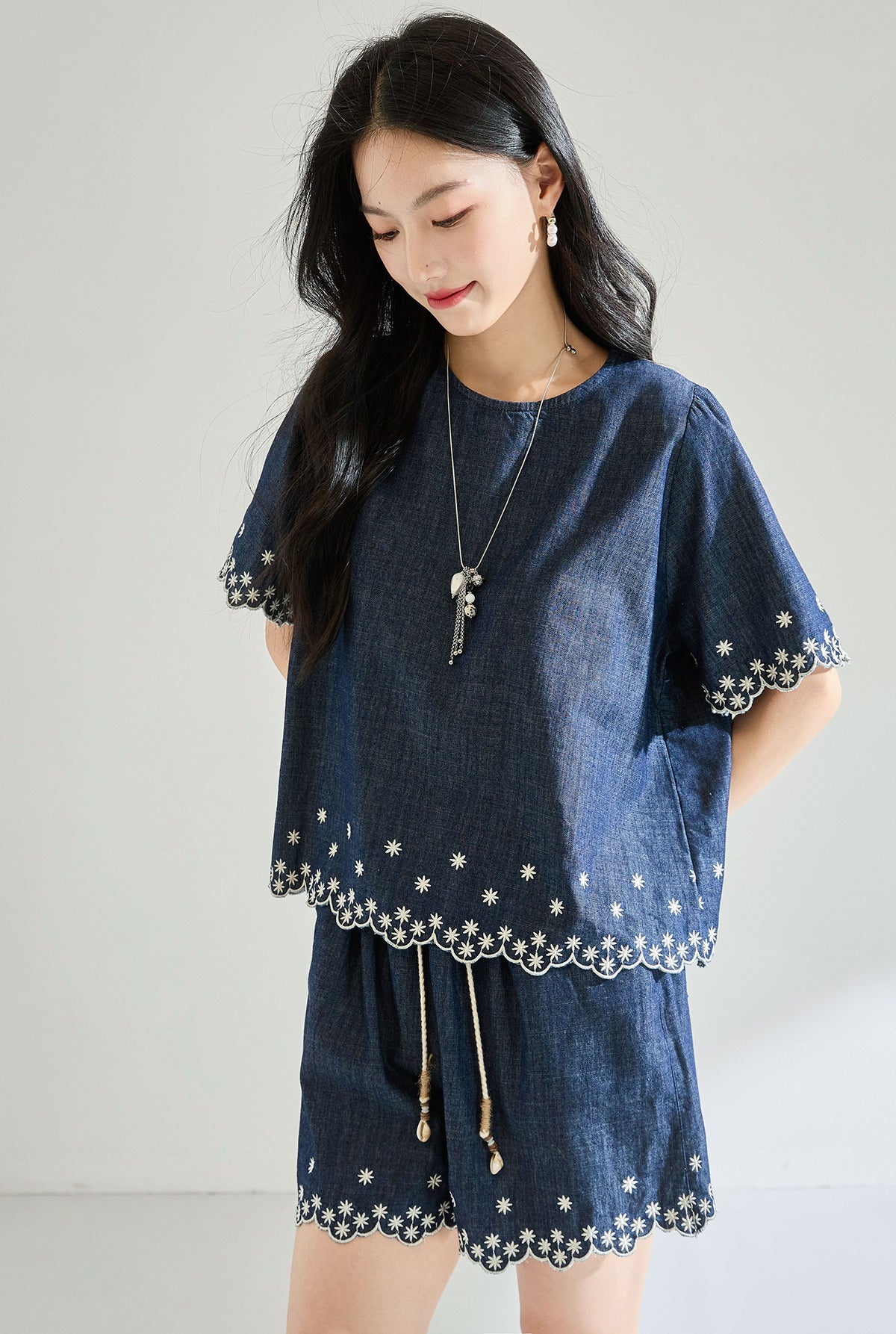 Embroidered Denim Two-Piece Set with High-Waisted Shorts