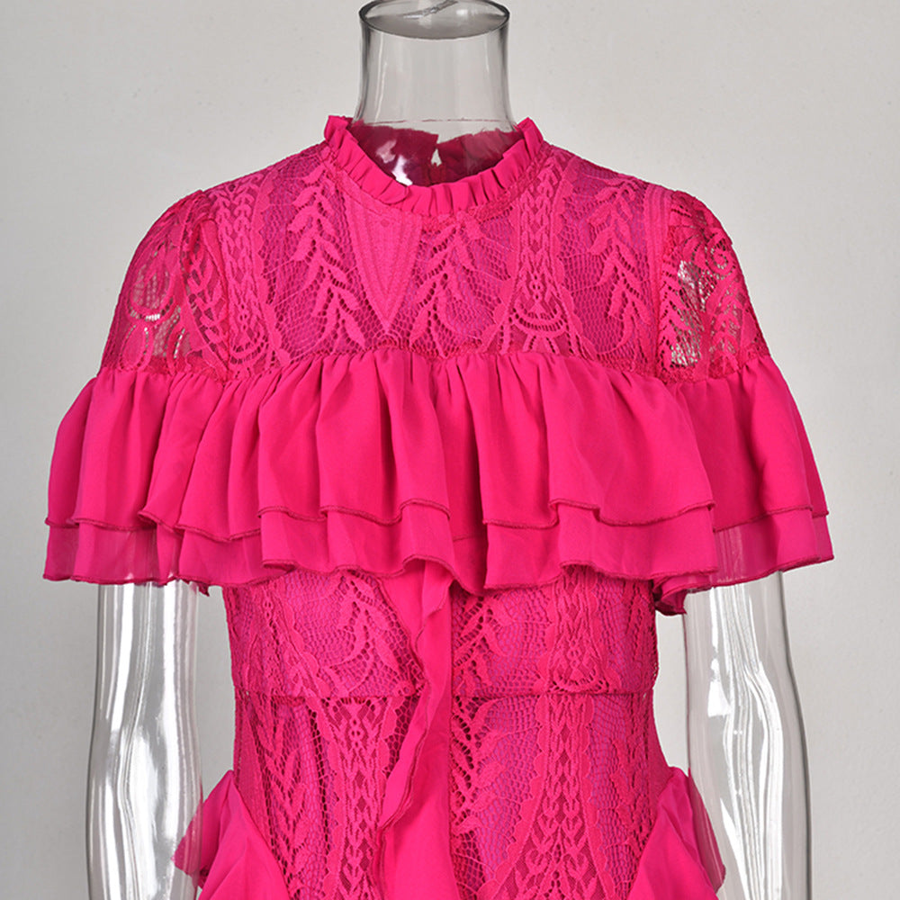 Frilled Short Sleeve Lace-Trim Lotus Dress