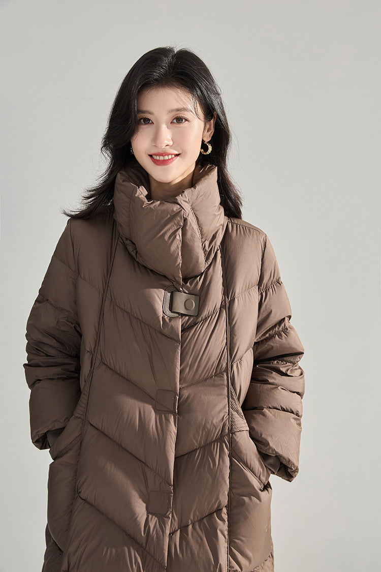 Minimalist Oversized Down Puffer Coat with Leather-Style Buttons