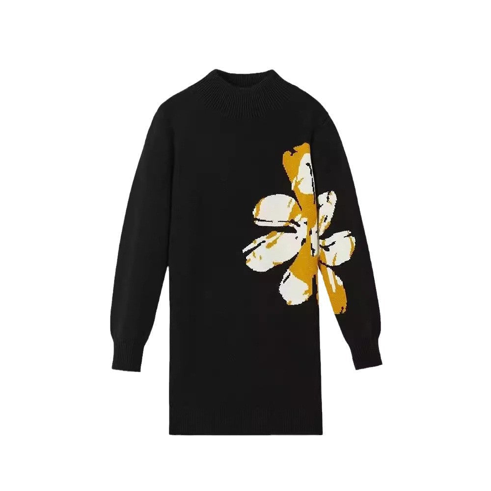 Floral Pattern Wool Midi Dress with Mock Neck