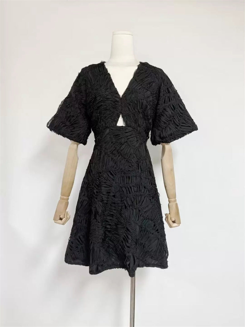 Textured Short Puff Sleeve A-Line Dress