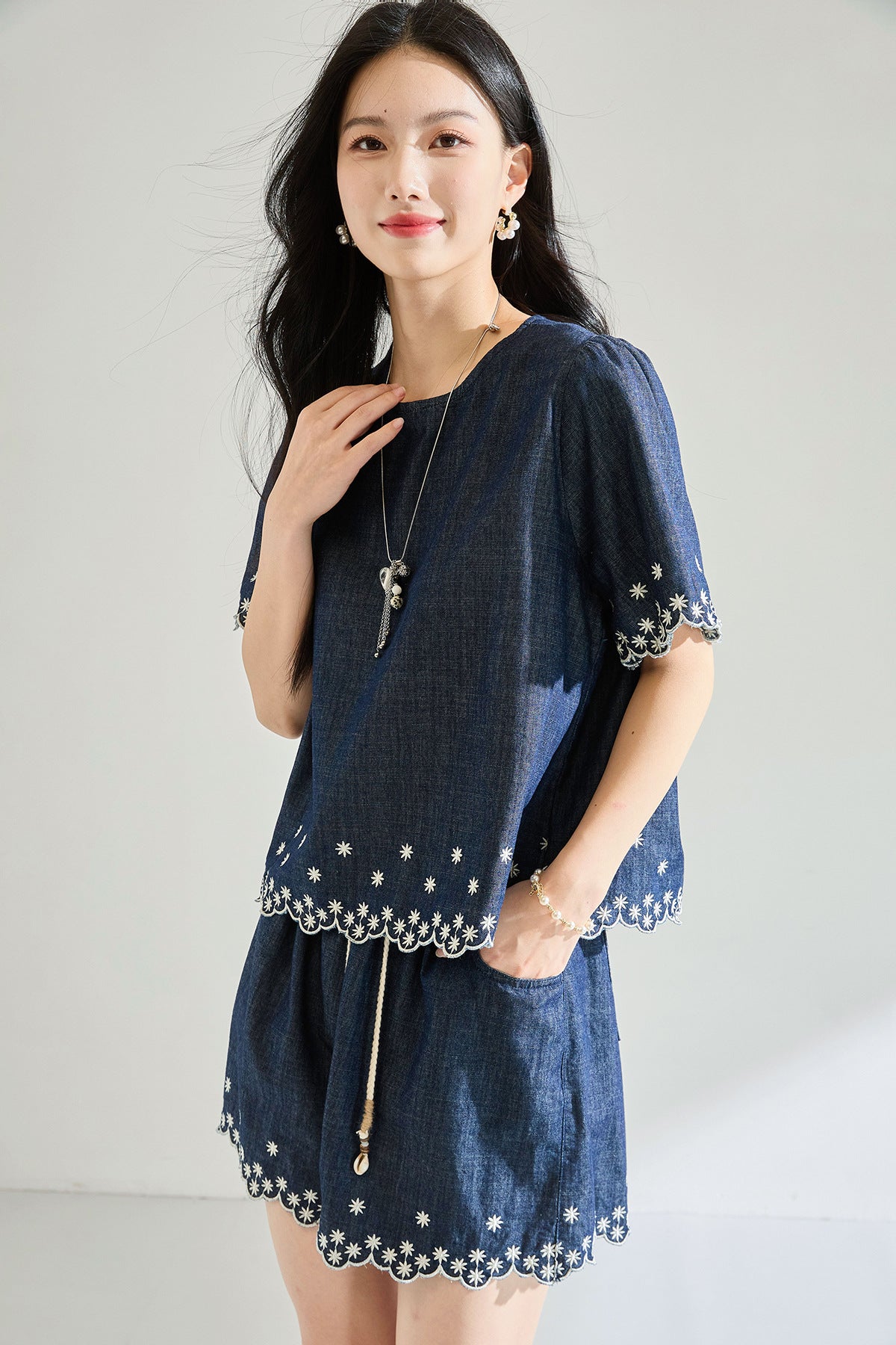Embroidered Denim Two-Piece Set with High-Waisted Shorts