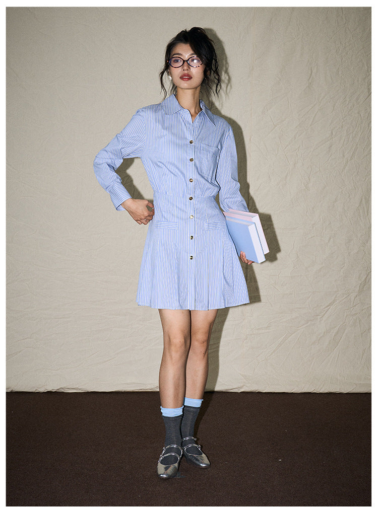 College-Style Blue & White Striped Shirt Dress