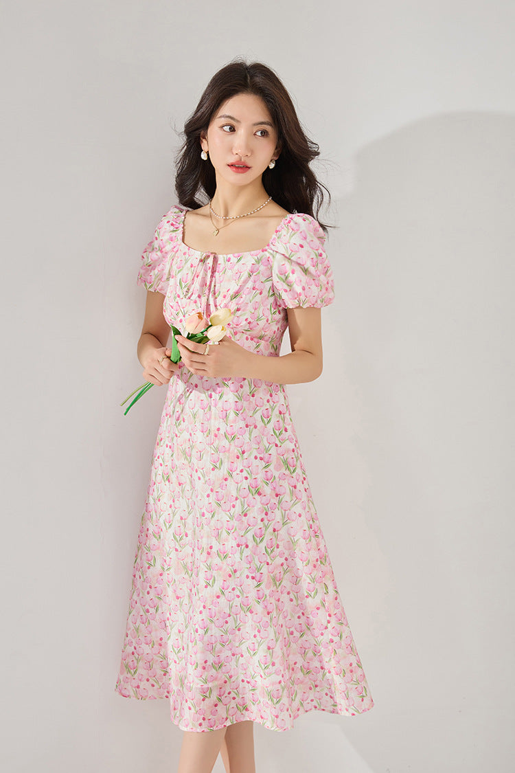 Fitted Waist Polka Dot Puff Sleeve Summer Dress