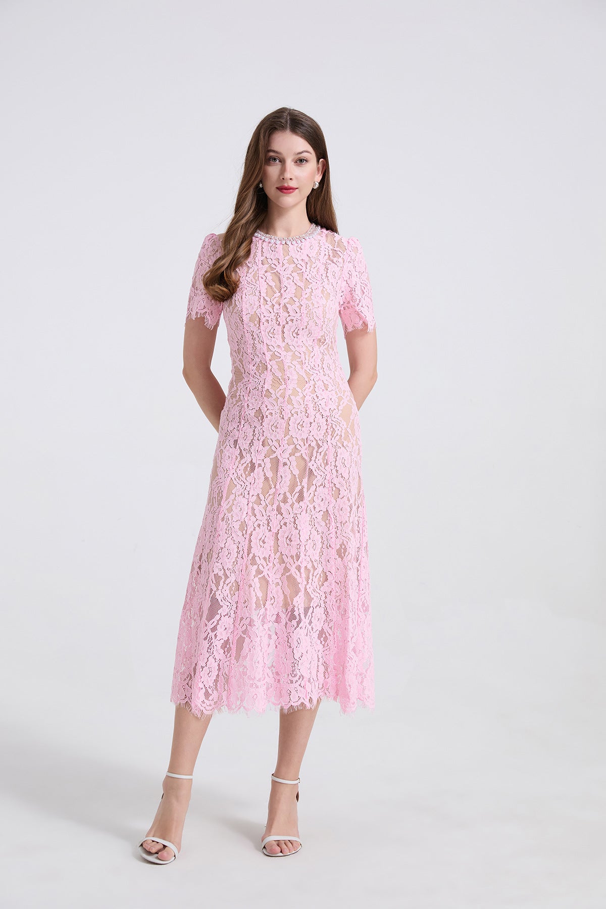 Pearl Embellished Lace Midi Dress