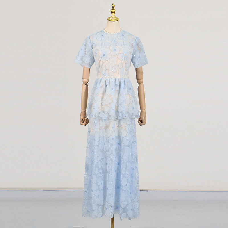 French Elegance Tiered Tulle Embroidered Maxi Dress