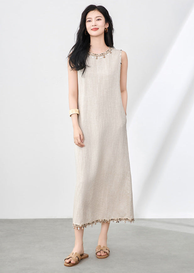 Boho Linen-Tencel Dress with Shell Detail and Removable Buckle Necklace