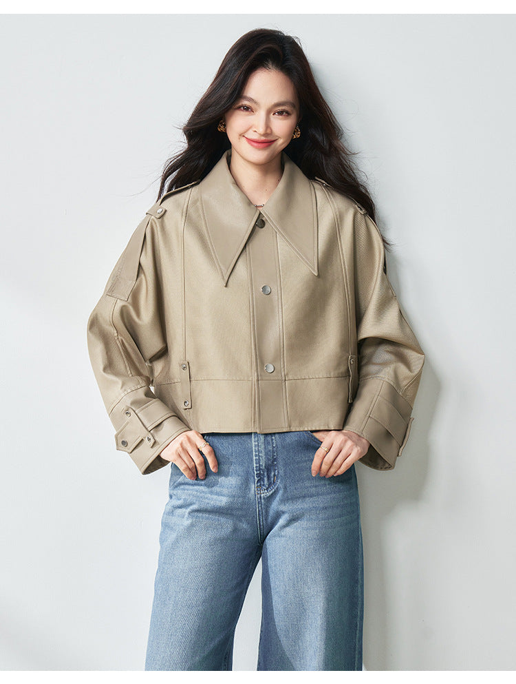 Western Style Oversized Cropped Faux Leather Jacket