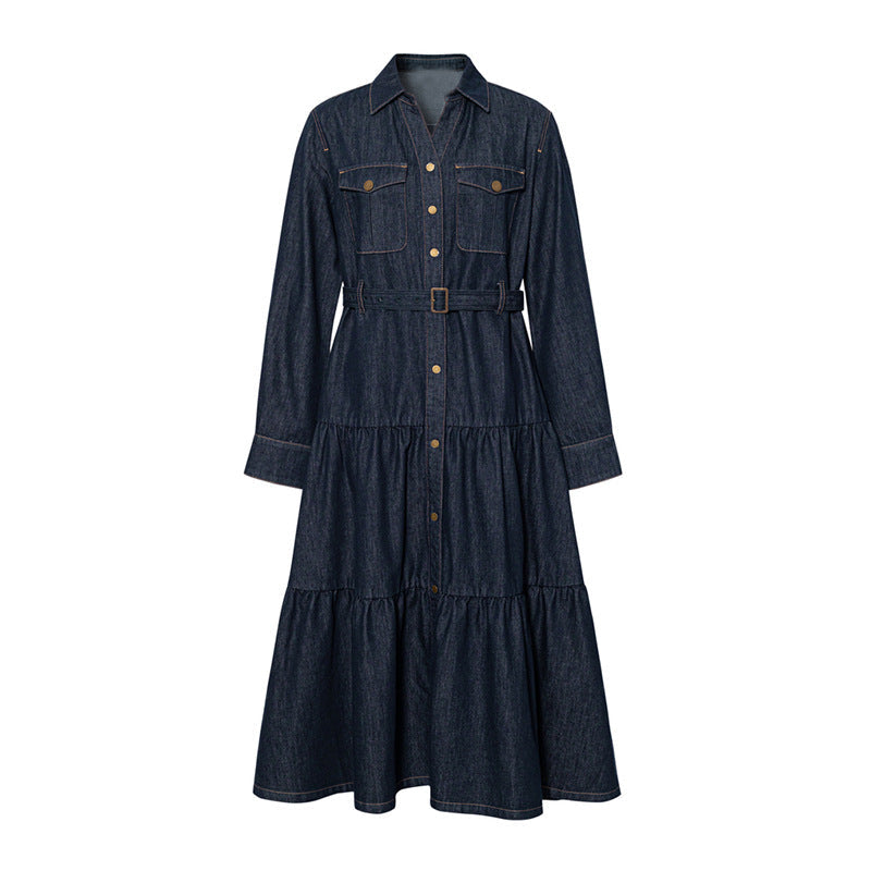 High-Waisted Tiered Midi Denim Dress – Button-Up Shirt Style with Layered Skirt