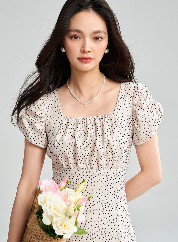 Apricot Polka Dot Puff Sleeve Midi Dress