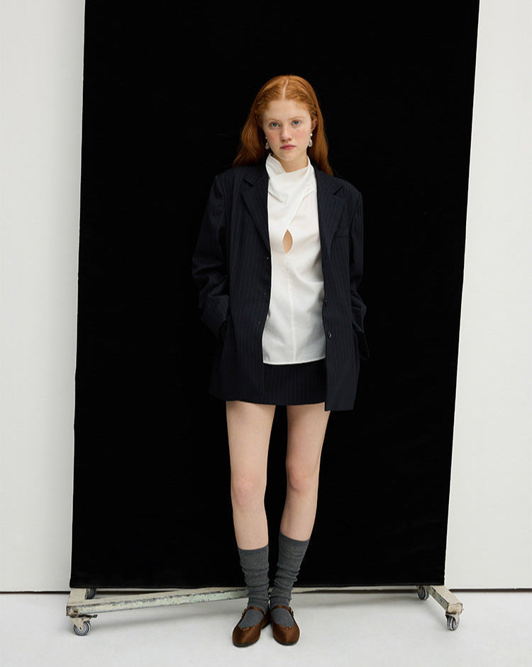 Navy Striped Oversized Blazer