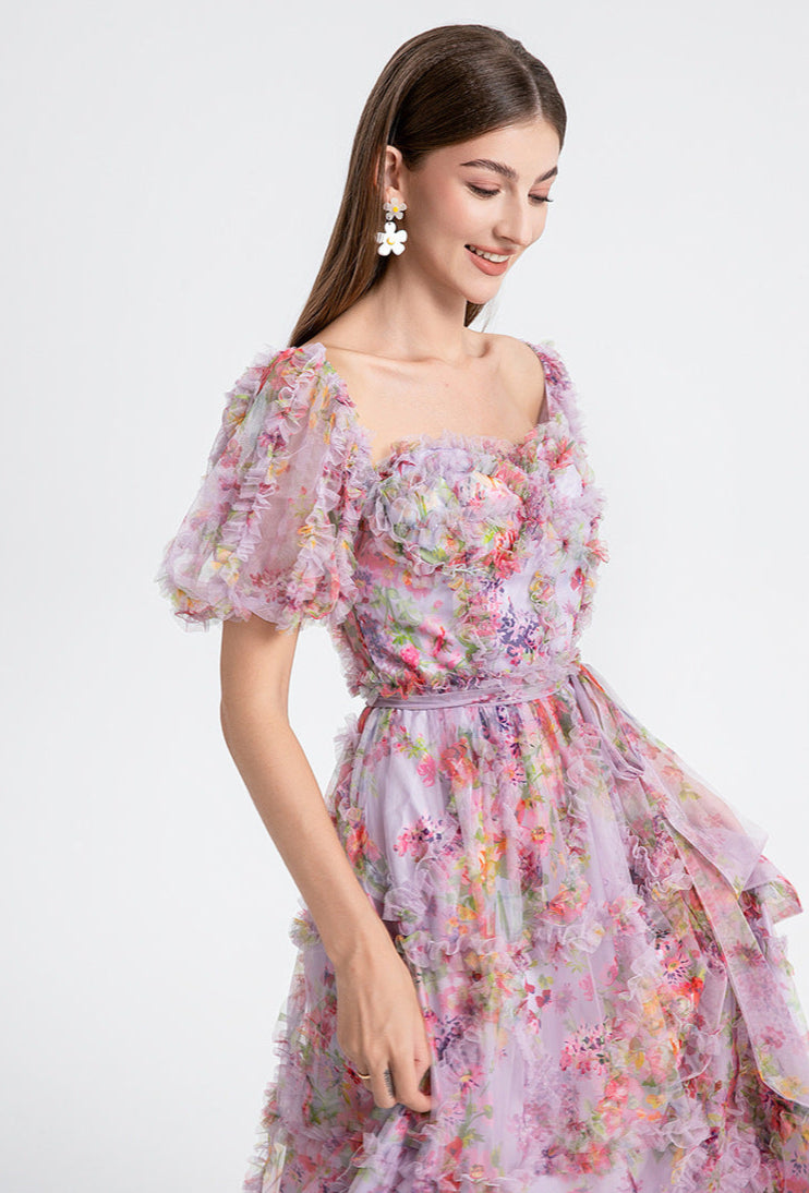 Square Neck Ruffle Sleeve Tulle Fairy Dress