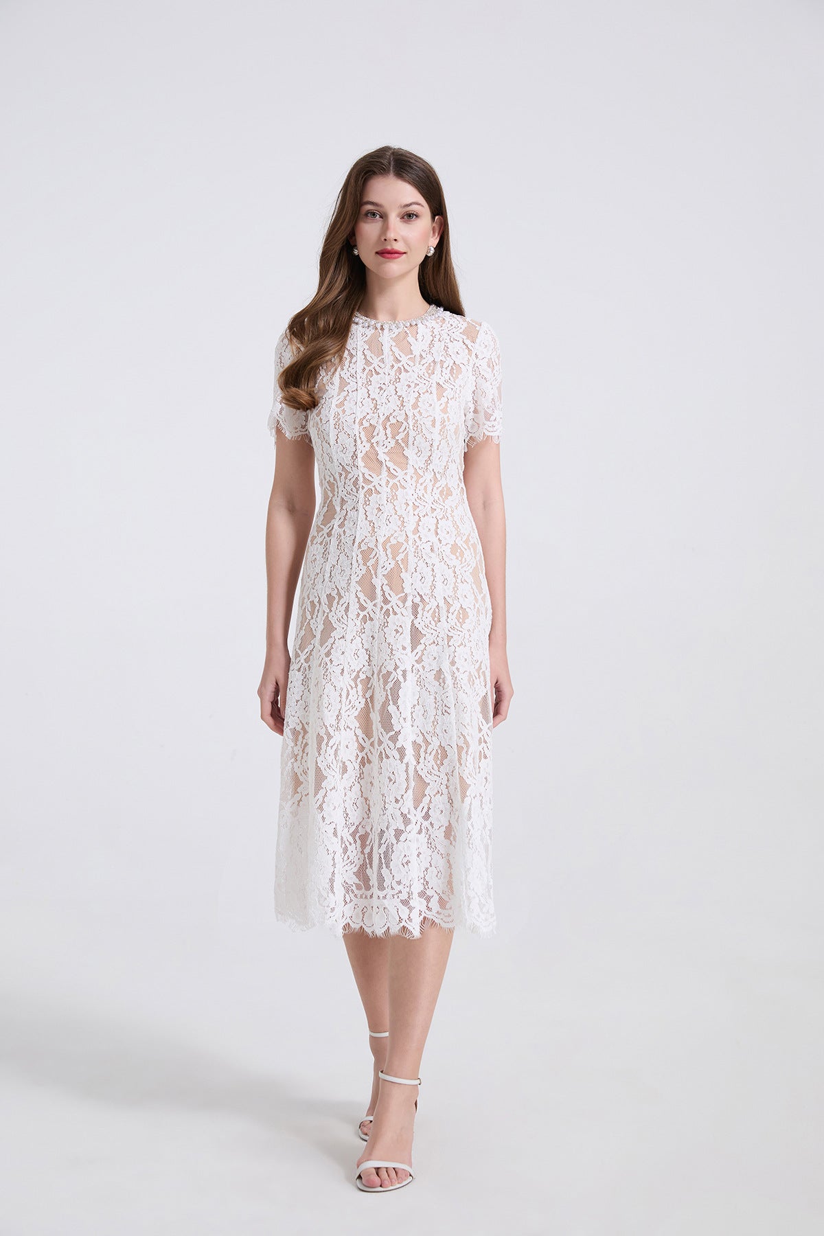Pearl Embellished Lace Midi Dress