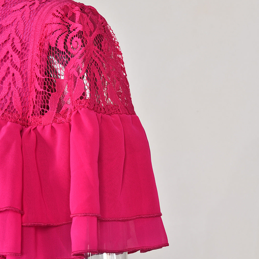 Frilled Short Sleeve Lace-Trim Lotus Dress