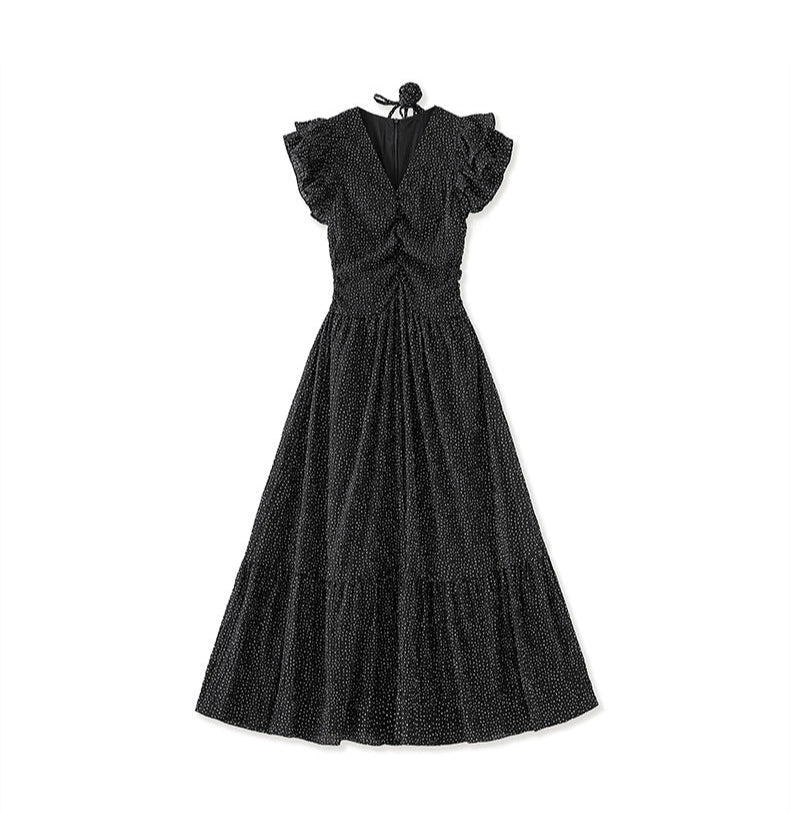 Romantic Polka Dot Midi Dress with Ruffle Sleeves and Necklace Detail