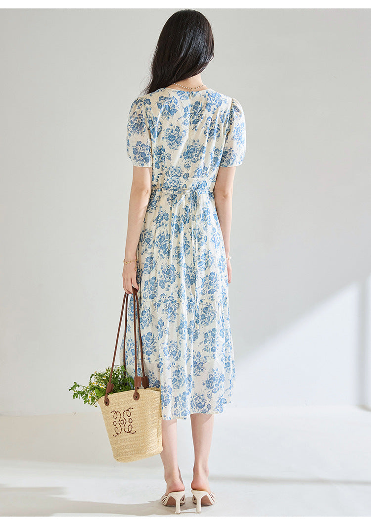 French Blue Floral Cotton Dress – Tie Waist, V-Neck
