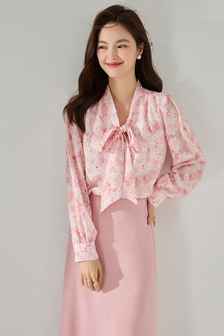 Pink Floral Chiffon Blouse with Bow