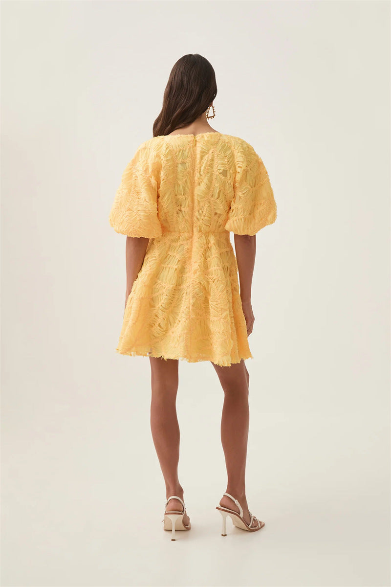 Textured Short Puff Sleeve A-Line Dress