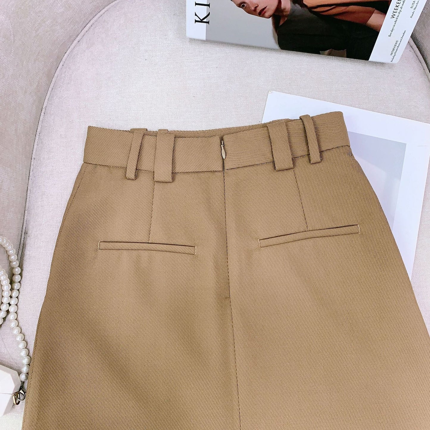 Wool Serge Twill Midi Skirt – High Waist A-Line Office Style