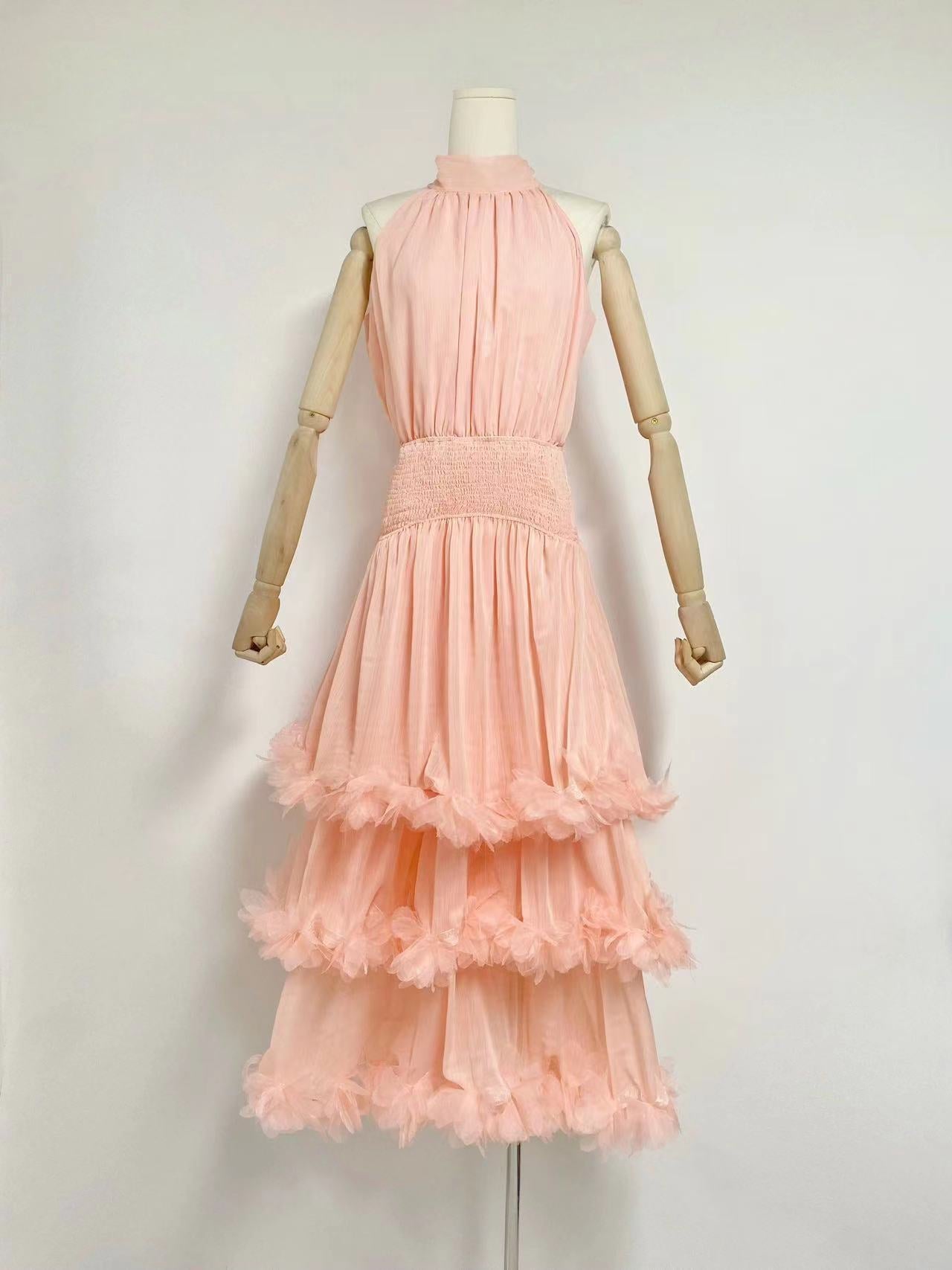 3D Floral High-Neck Evening Gown – Elegant Pink