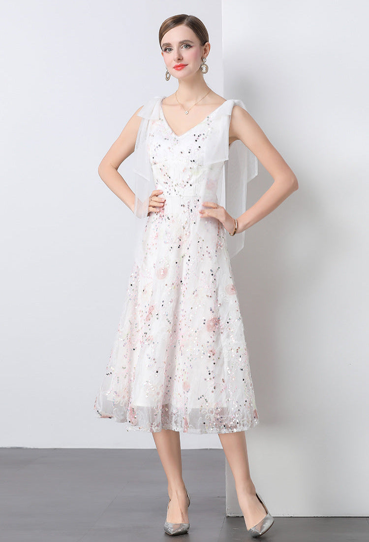 Crystal Sequin Embroidered V-Neck Midi Dress