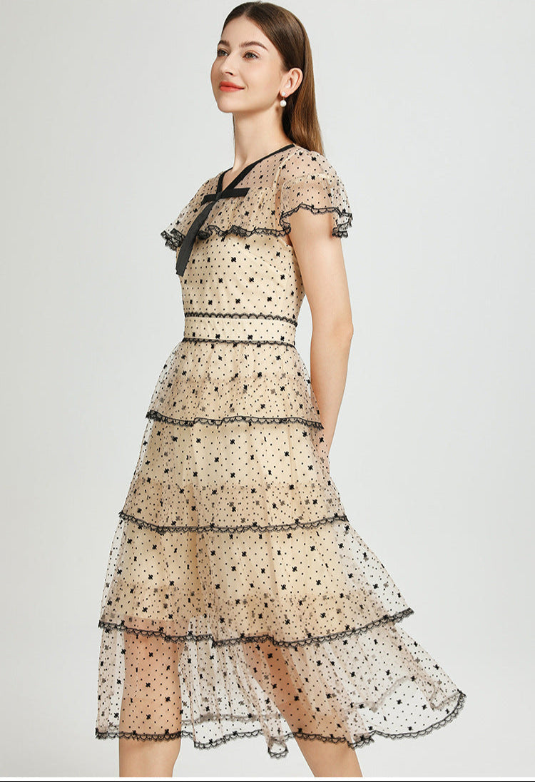 Retro Polka Dot Tiered Tulle Dress – Apricot Elegance