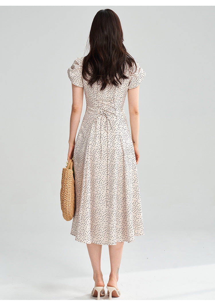 Apricot Polka Dot Puff Sleeve Midi Dress