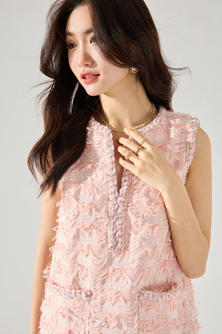 Pink Sleeveless Fringe Mini Dress – French-Inspired Spring Charm