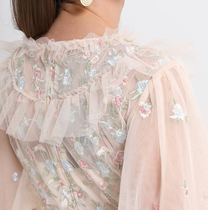 Ruffled Long Dress with Sheer Tulle Hem
