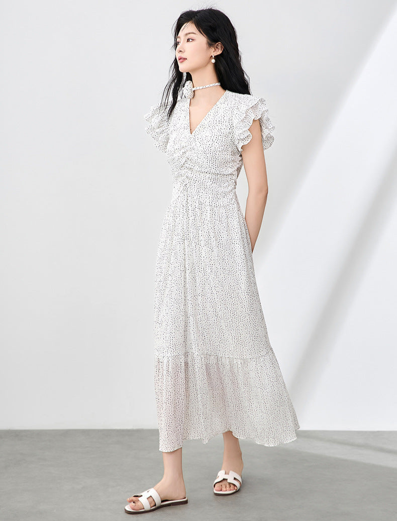 Romantic Polka Dot Midi Dress with Ruffle Sleeves and Necklace Detail