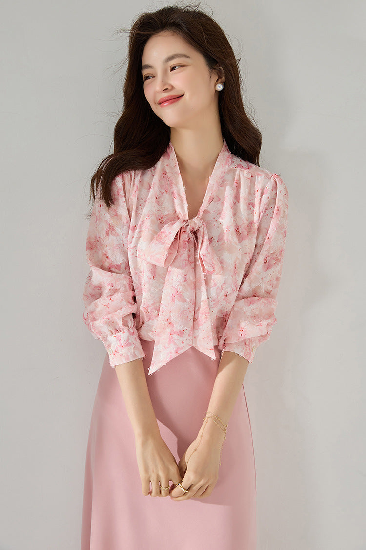Pink Floral Chiffon Blouse with Bow