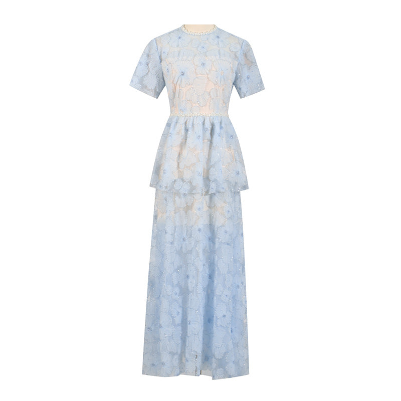 French Elegance Tiered Tulle Embroidered Maxi Dress