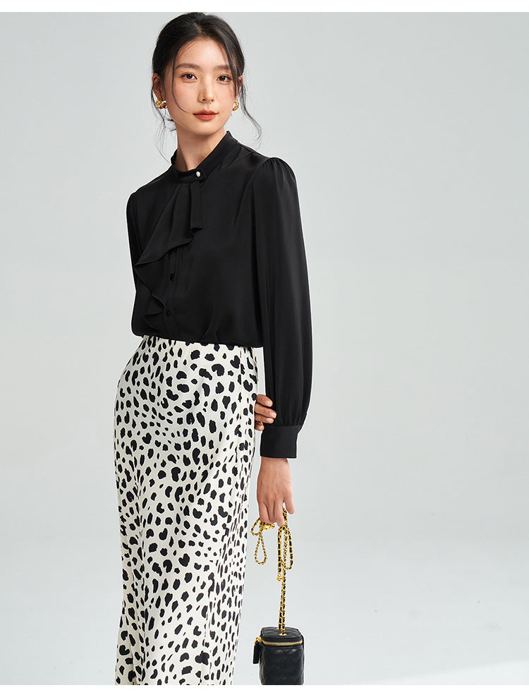 Satin Leopard Flare Skirt – Black & White Shine