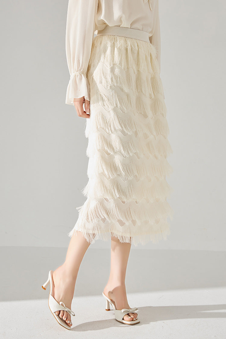Tassel Layered Ecru Midi Skirt