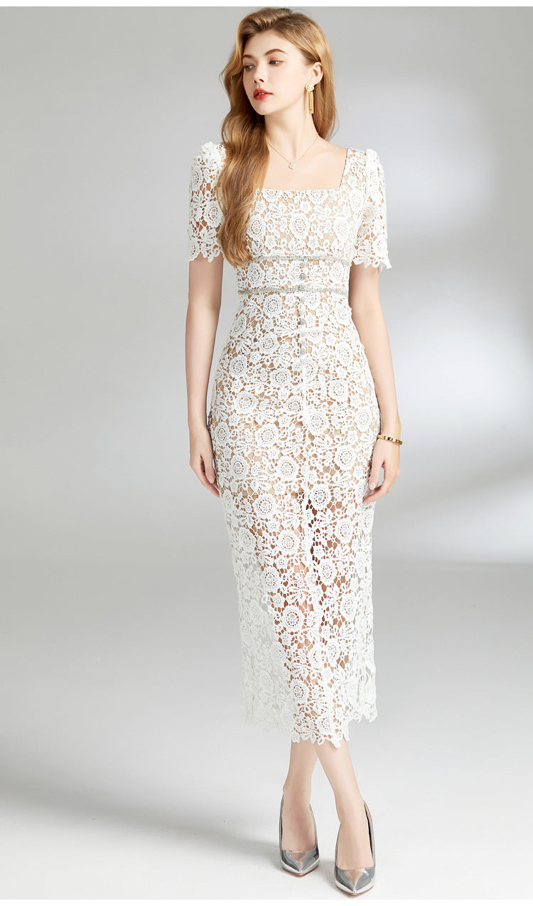 Square Neck Floral Lace Midi Dress