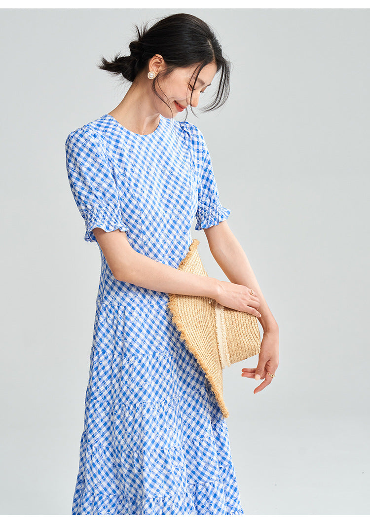 Blue-White Plaid Midi Dress