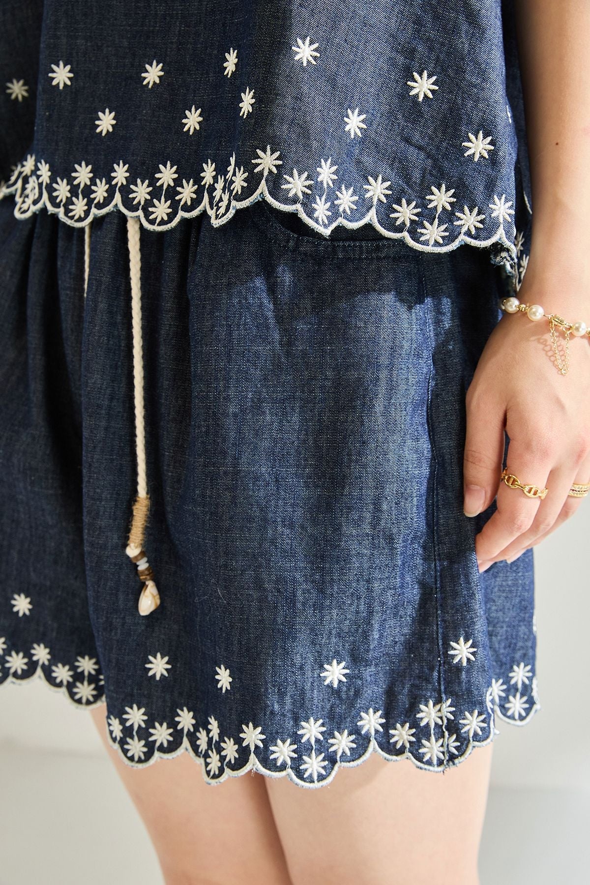 Embroidered Denim Two-Piece Set with High-Waisted Shorts