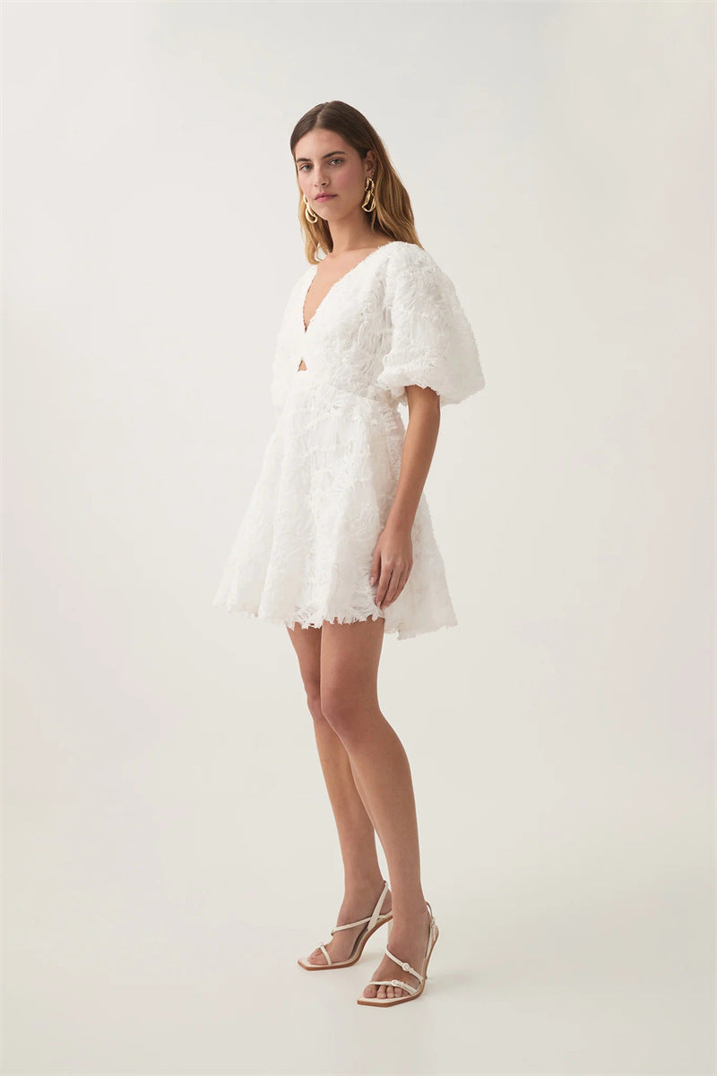 Textured Short Puff Sleeve A-Line Dress