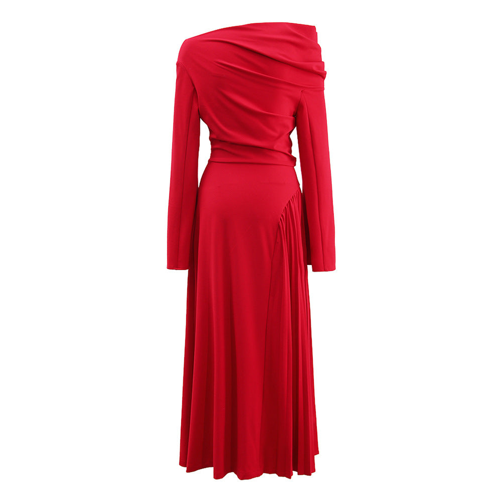 One-Shoulder Asymmetric Hem Red Maxi Dress