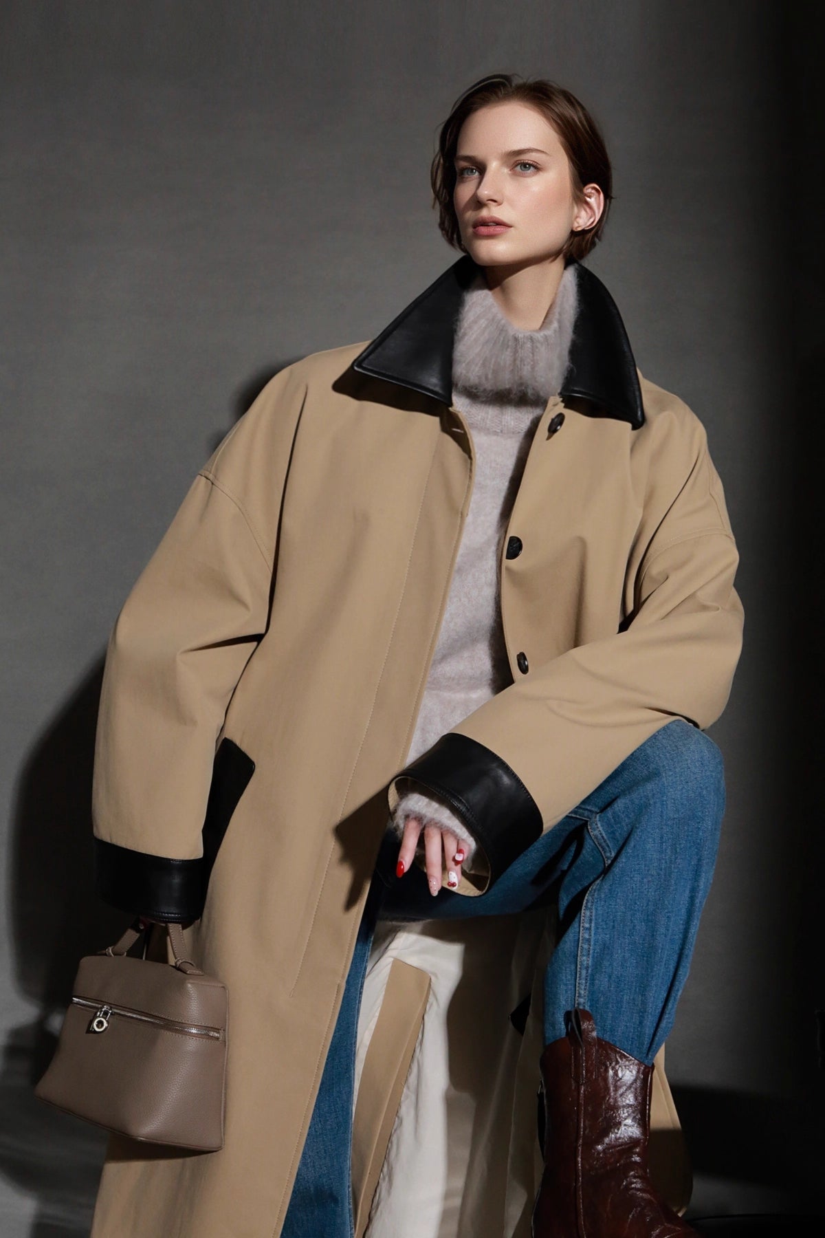 Leather-Trimmed Polo Collar Oversized Long Trench Coat